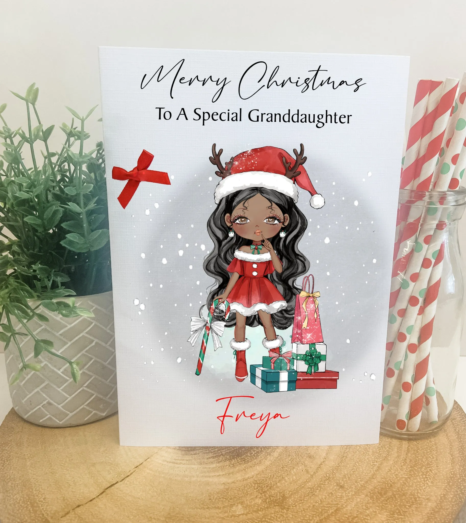 Personalised Christmas Card Girl Reindeer