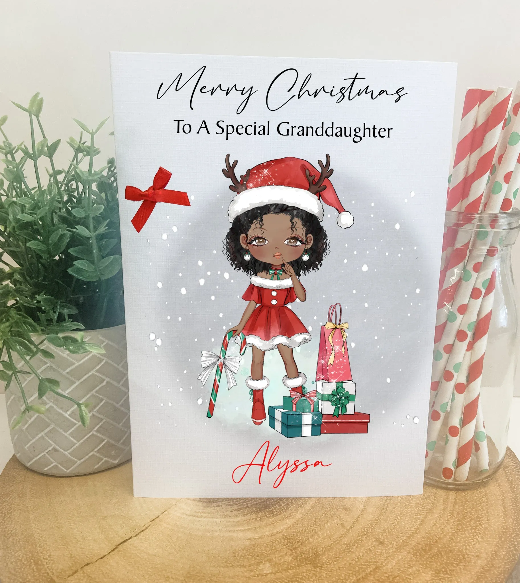 Personalised Christmas Card Girl Reindeer