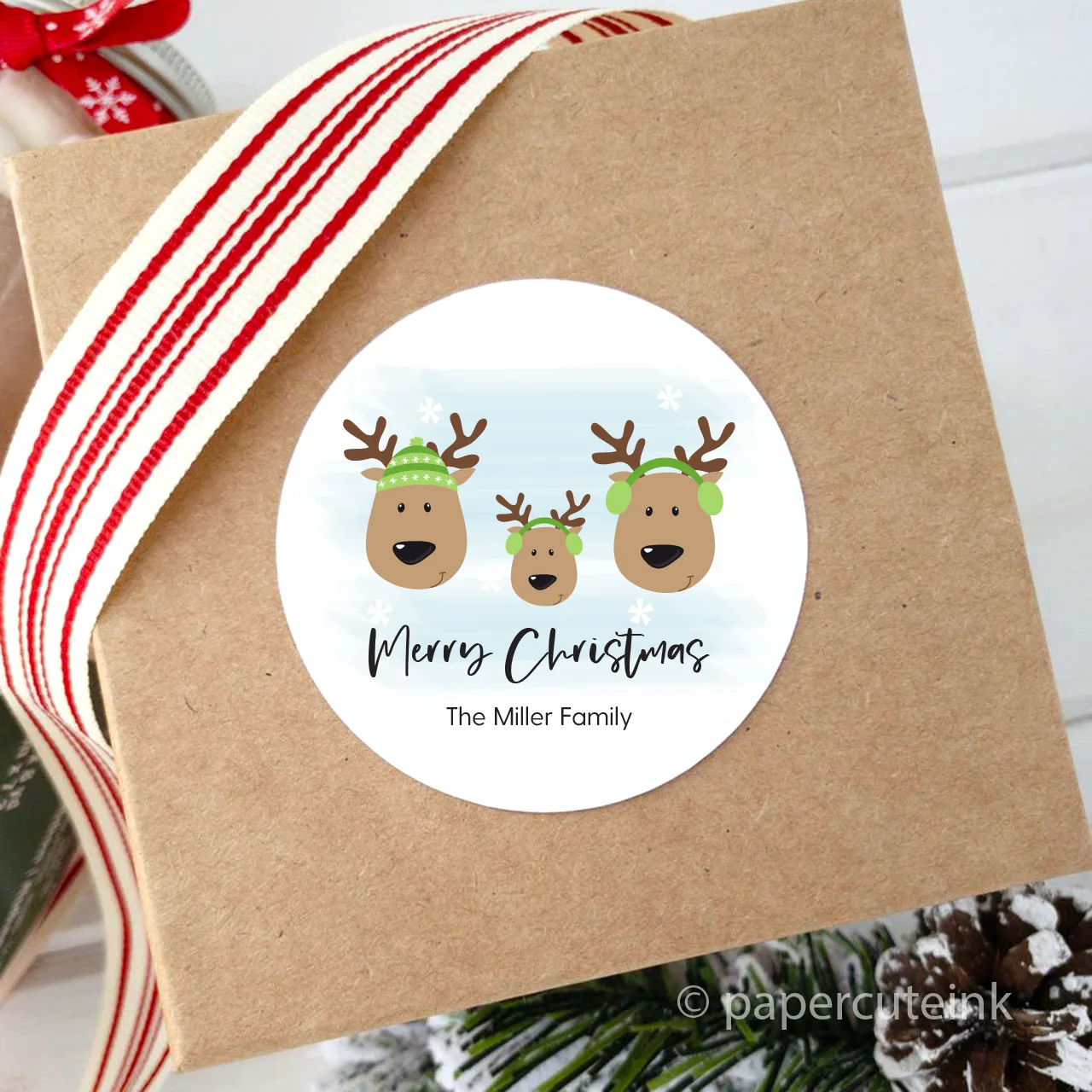 Personalized Christmas Stickers Reindeer Family, Set of 12