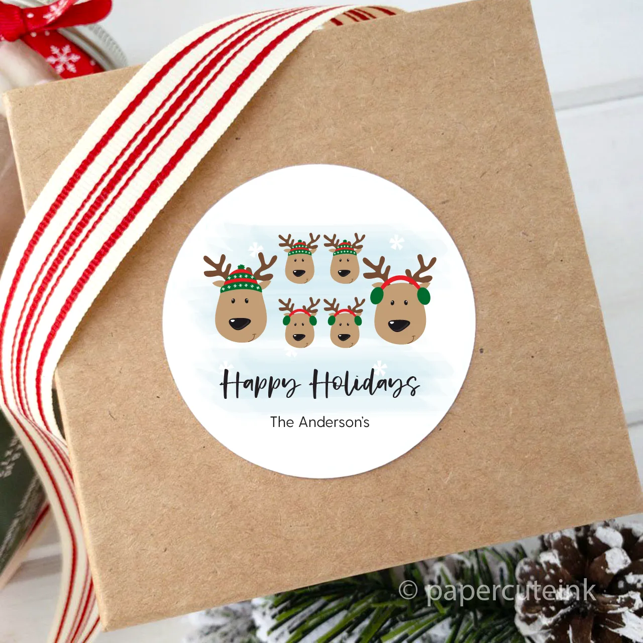 Personalized Christmas Stickers Reindeer Family, Set of 12