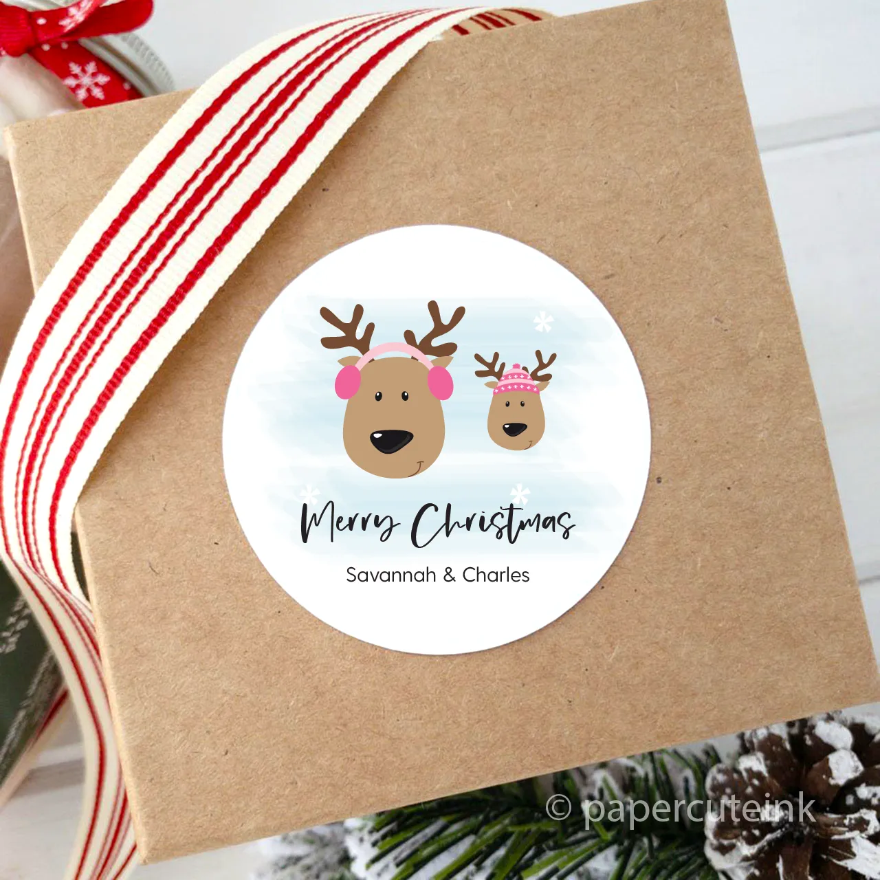 Personalized Christmas Stickers Reindeer Family, Set of 12