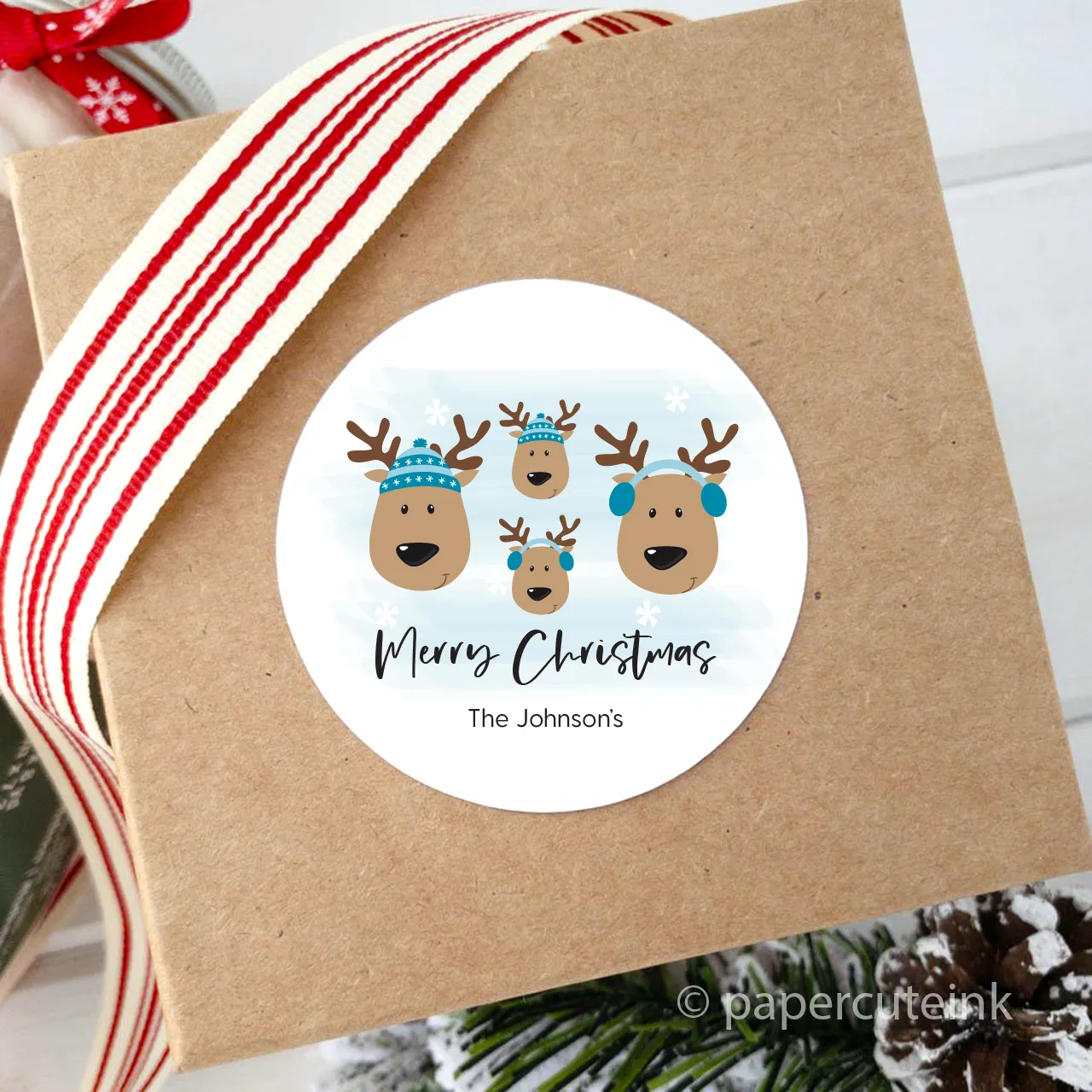 Personalized Christmas Stickers Reindeer Family, Set of 12