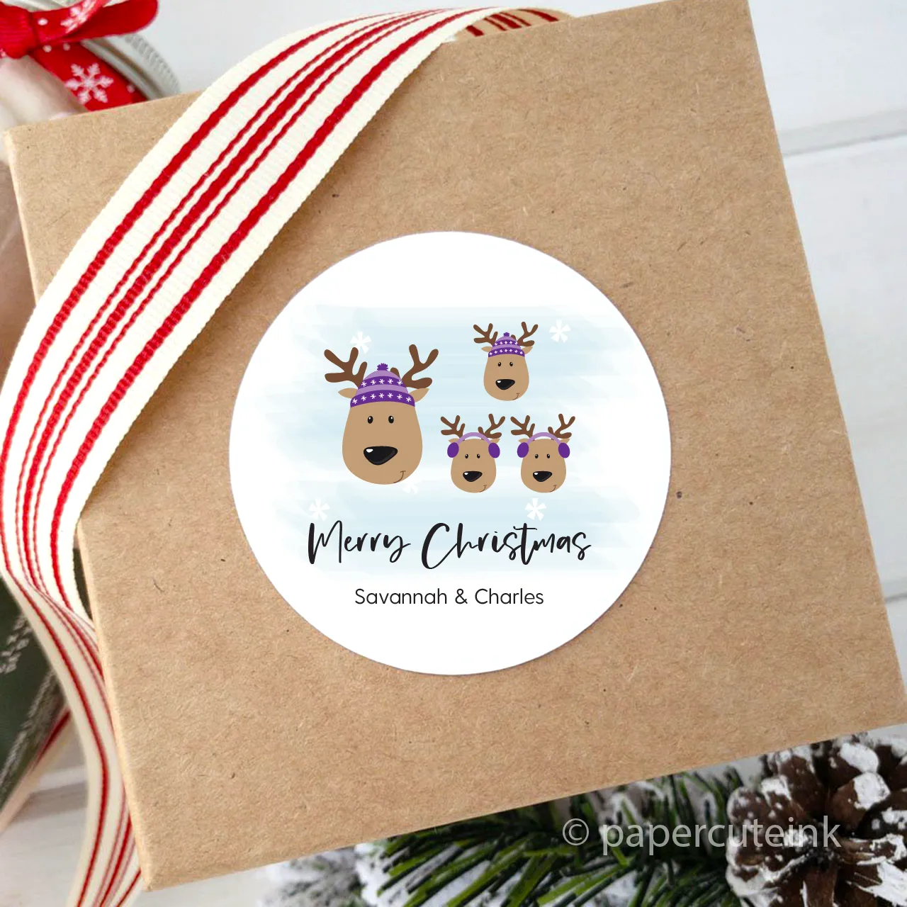 Personalized Christmas Stickers Reindeer Family, Set of 12