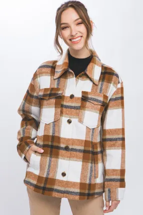 Plaid Button Up Shacket in Brown Clay