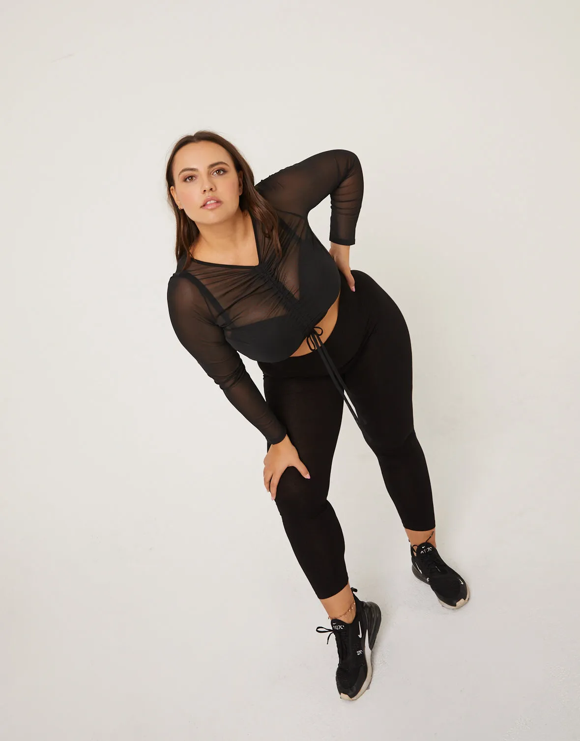 Plus Size Ruched Front Mesh Top