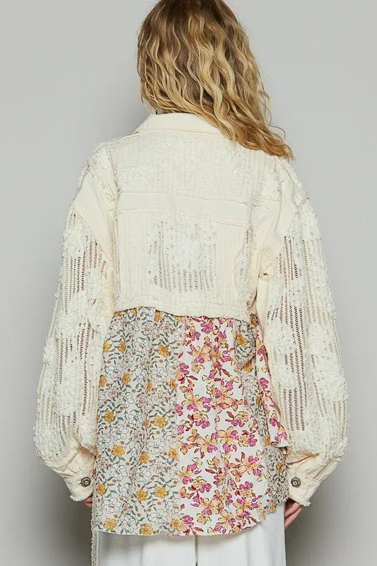 POL Floral Crochet Lace Frayed Edge Button Up Shacket
