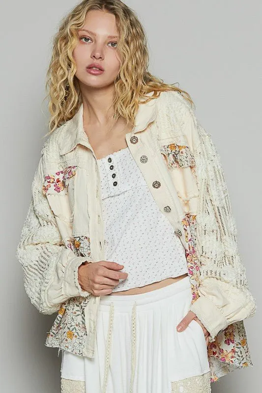 POL Floral Crochet Lace Frayed Edge Button Up Shacket
