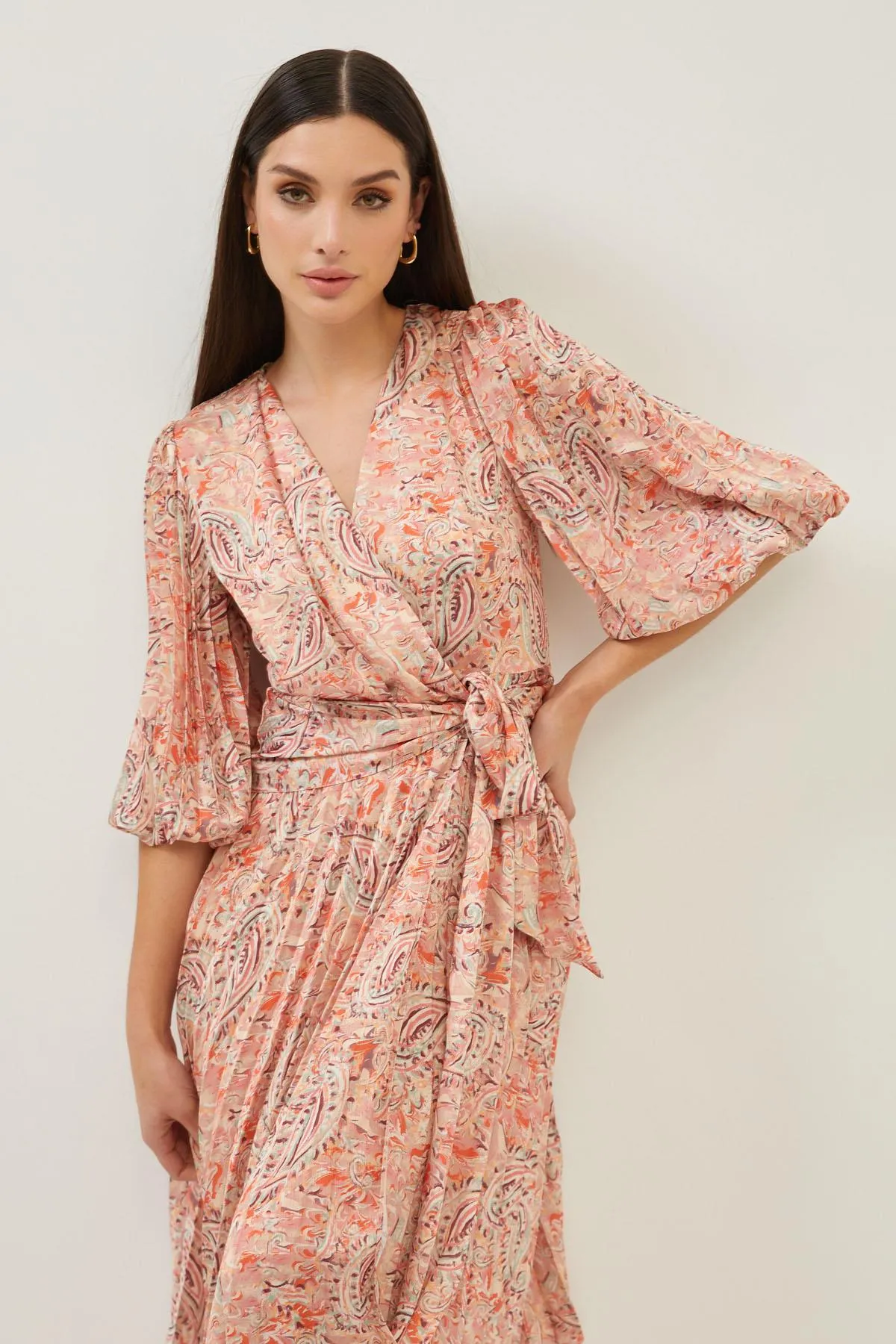 Print Silky Puff Sleeve Pleated Midi Dress