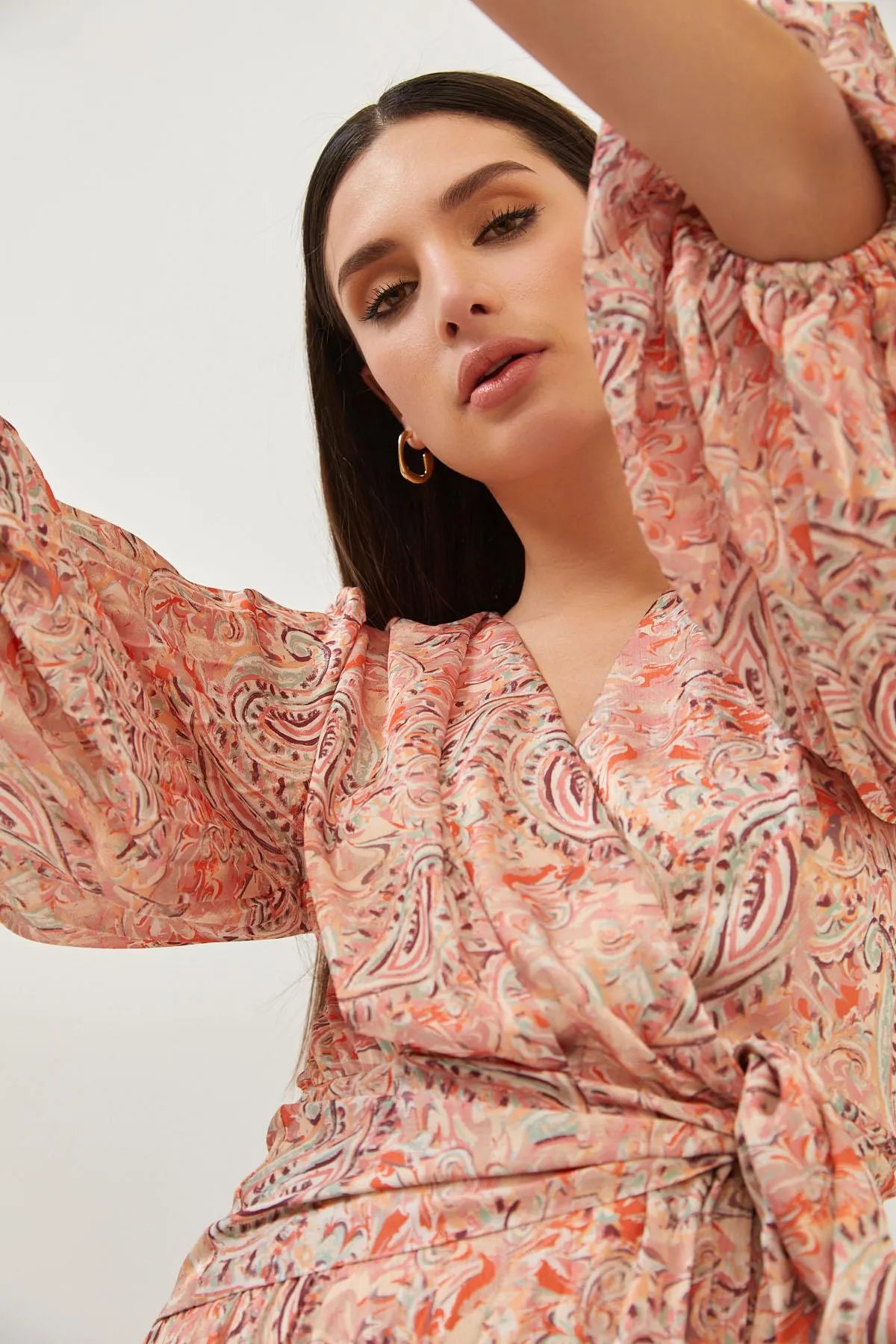 Print Silky Puff Sleeve Pleated Midi Dress