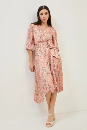 Print Silky Puff Sleeve Pleated Midi Dress