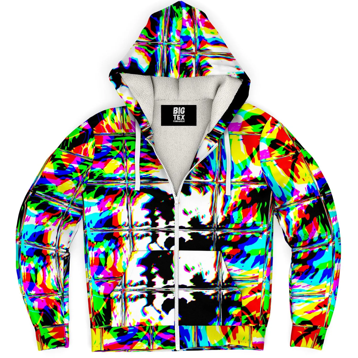 Psychedelic Rave Glitch Tiles Rainbow Plaid Sherpa Hoodie