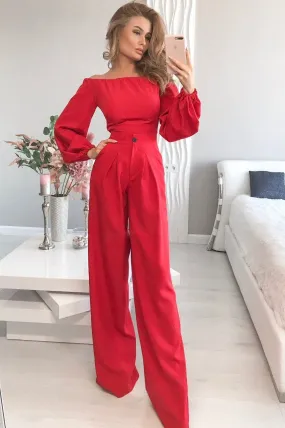 Red Off-the-shoulder Crop Top & High Waist Pants