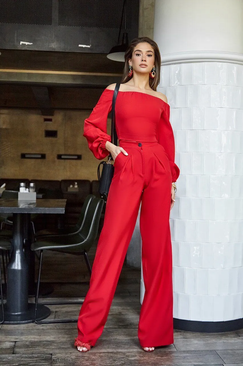 Red Off-the-shoulder Crop Top & High Waist Pants