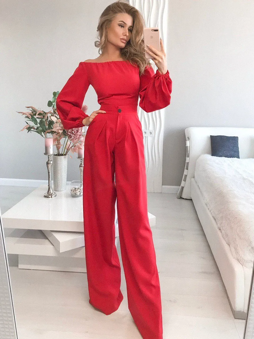 Red Off-the-shoulder Crop Top & High Waist Pants