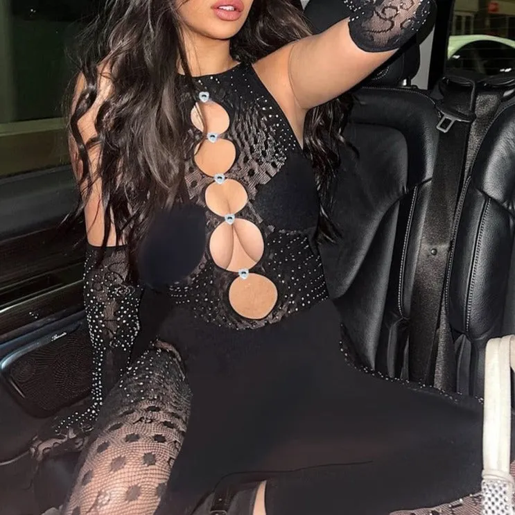 Rhinestone Mesh Patchwork Jumpsuit
