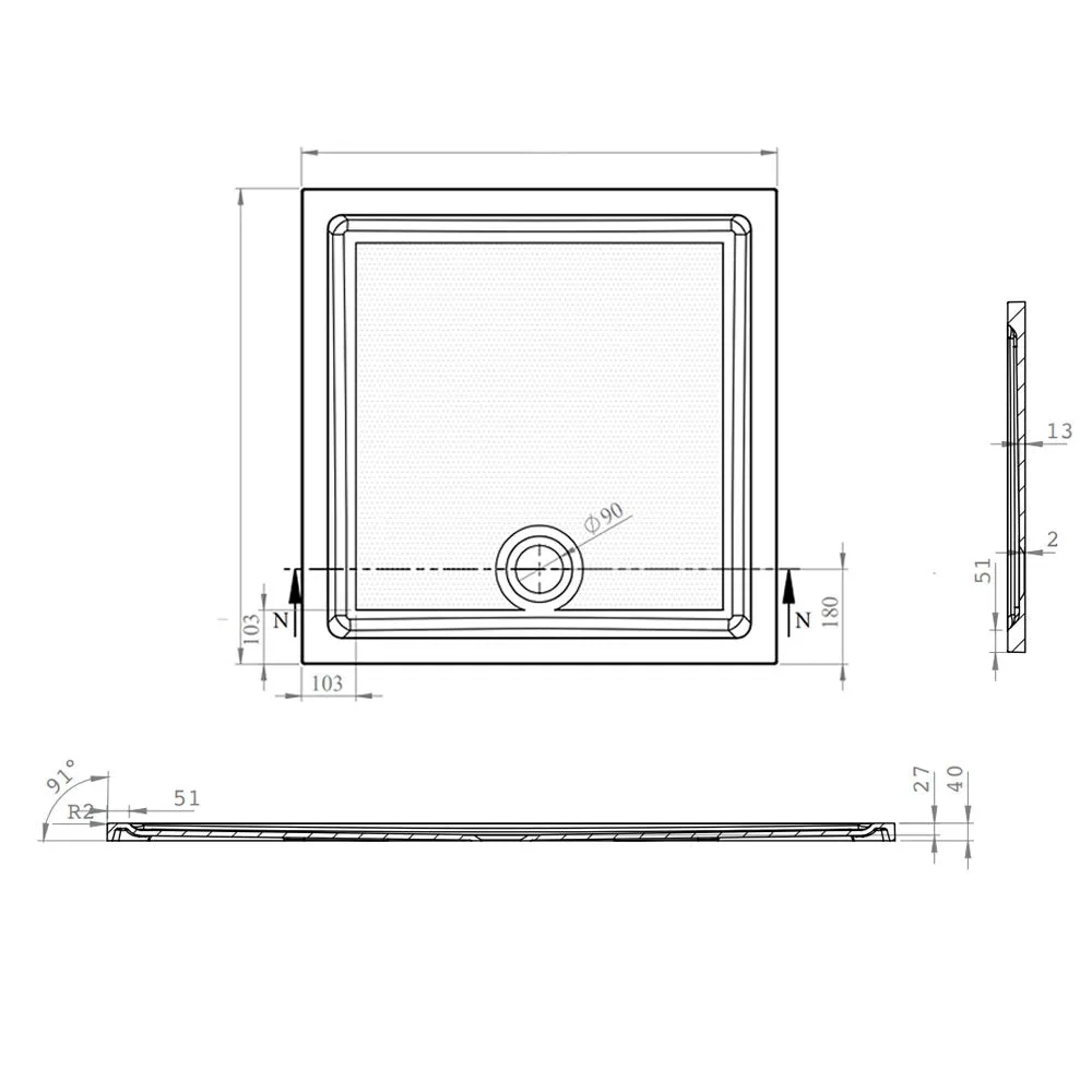 Roman Stone Solid Surface Anti Slip Shower Tray - 900 x 900 x 40mm