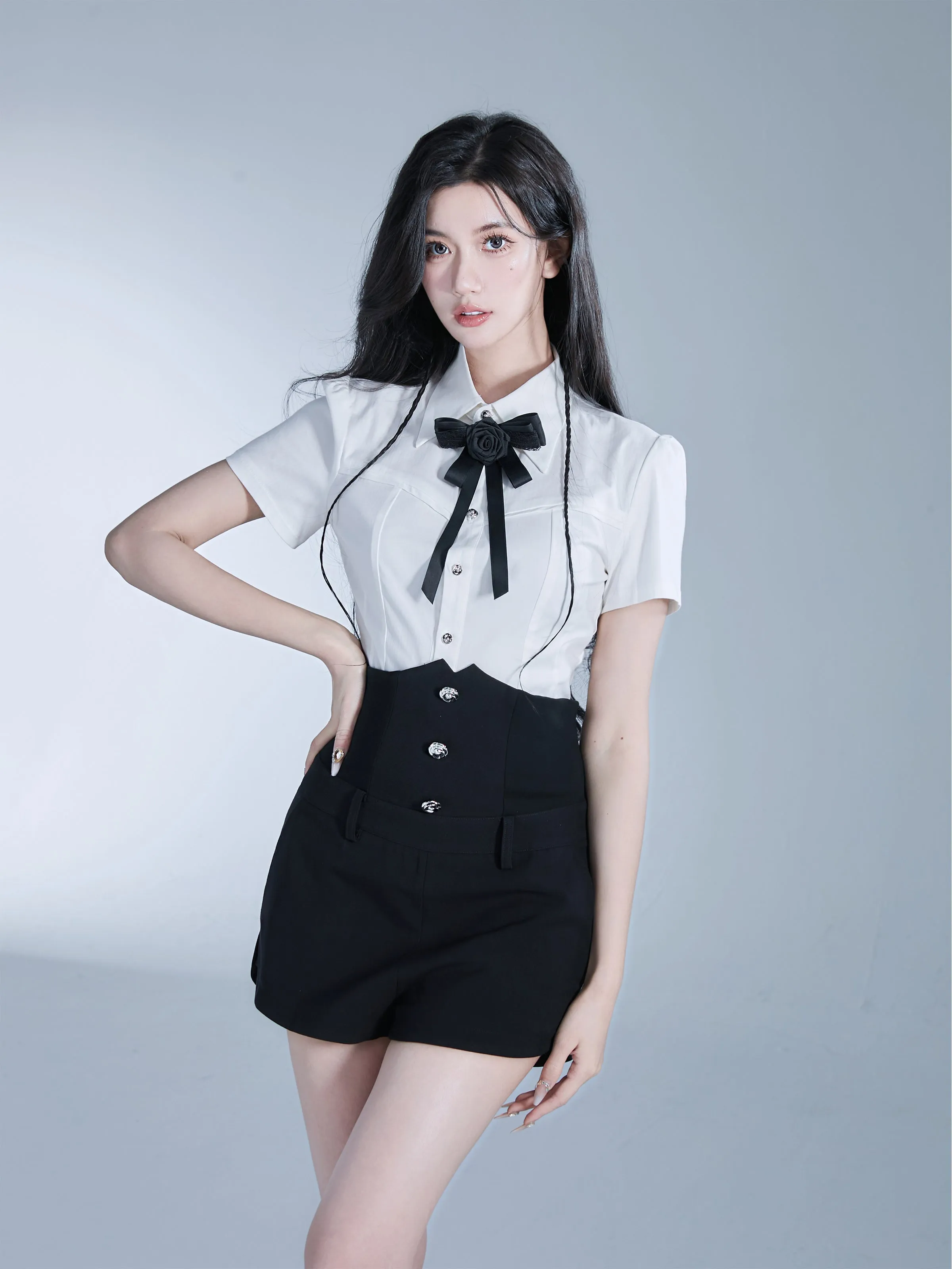 Rose Ribbon High-Waist Tight Chic Blouse&Short-Pants