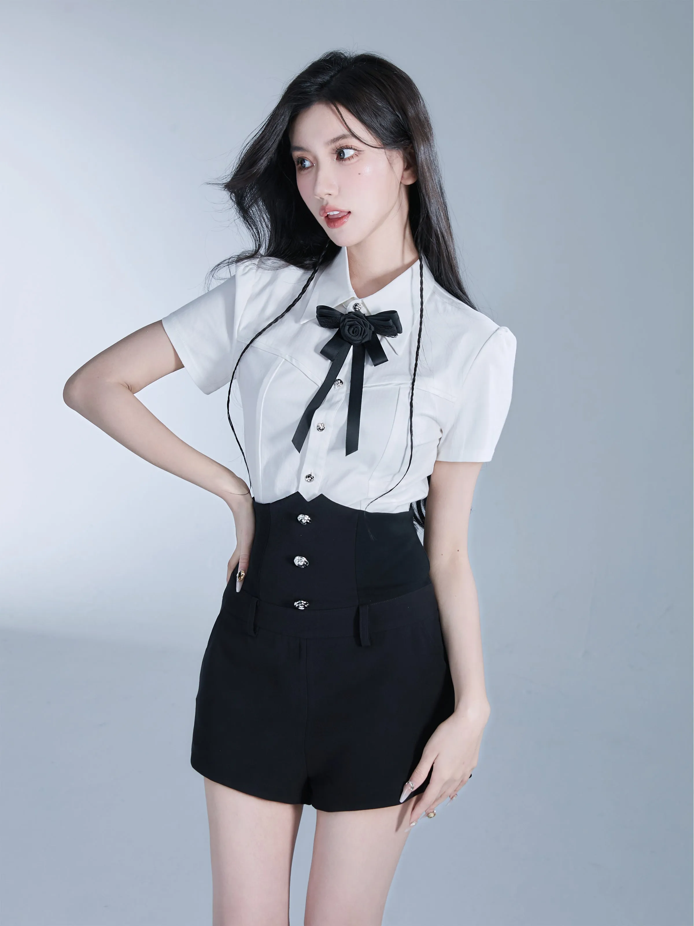 Rose Ribbon High-Waist Tight Chic Blouse&Short-Pants