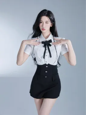 Rose Ribbon High-Waist Tight Chic Blouse&Short-Pants