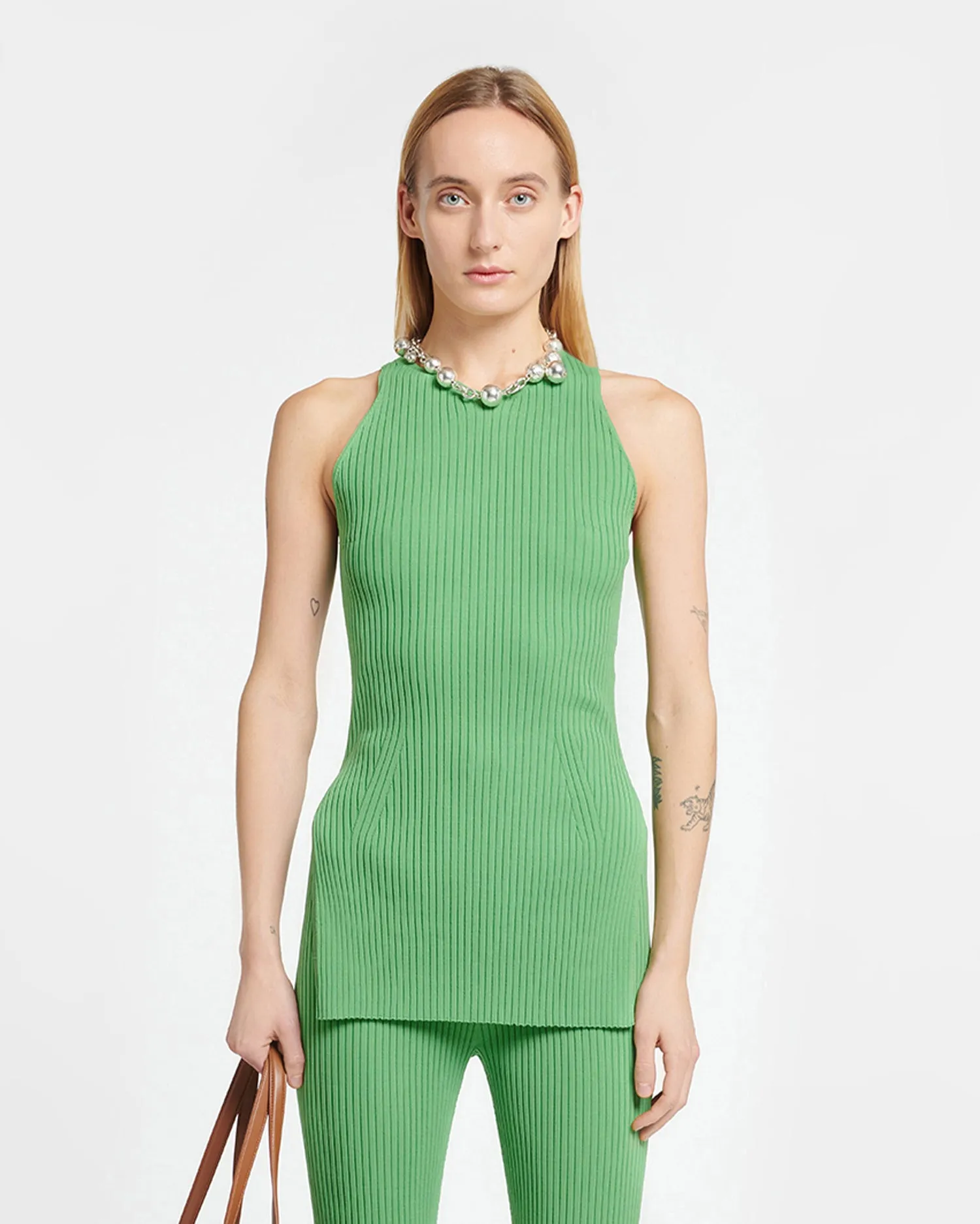 Savea - Ribbed-Knit Halterneck Top - Green