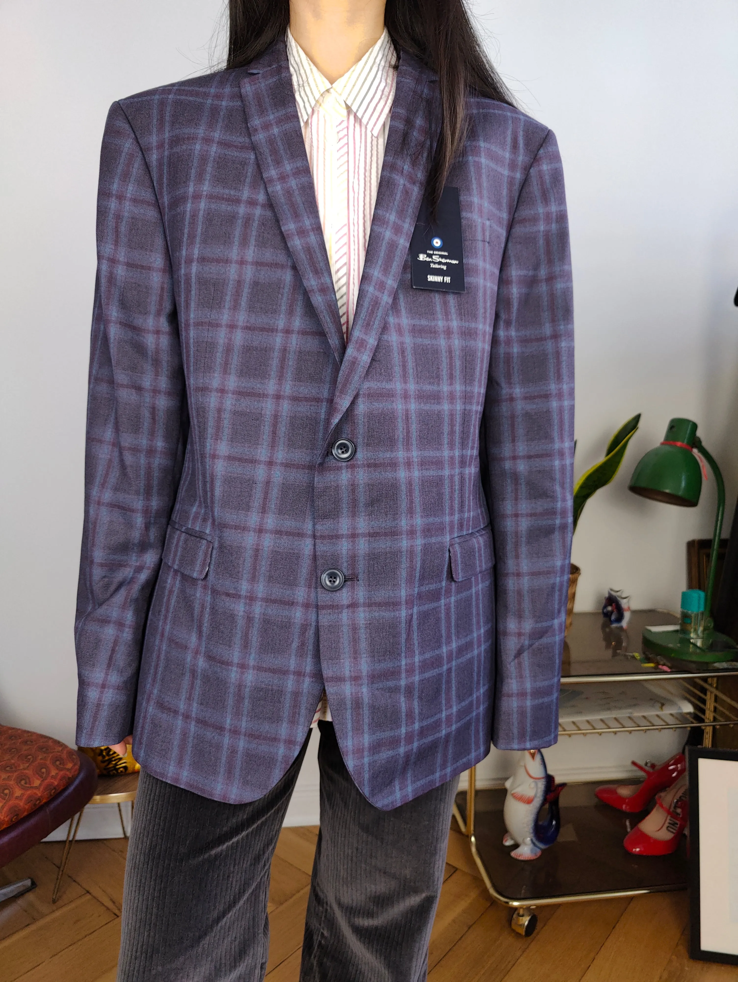 Second hand Ben Sherman blazer jacket check checker tartan purple unisex men 54 L