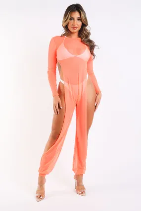 Sexy Mesh Cover Up Jumpsuit Summer Bodycon Beachwear Neon Coral