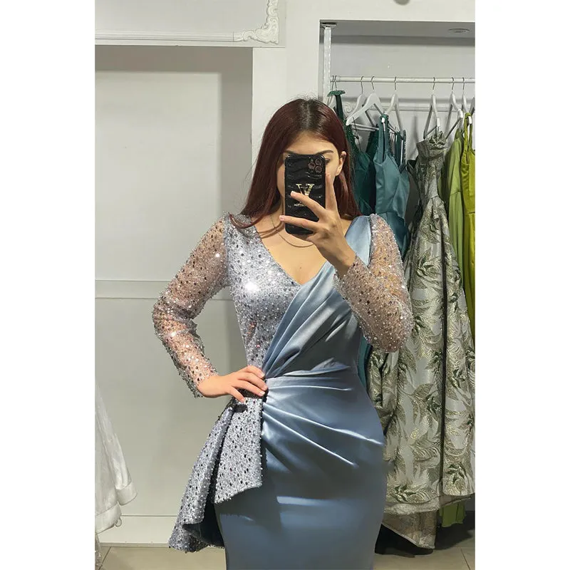 Sexy V-neck Pleats Long Sleeves Formal Evening Gowns