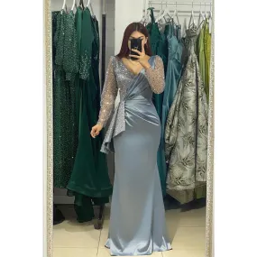 Sexy V-neck Pleats Long Sleeves Formal Evening Gowns