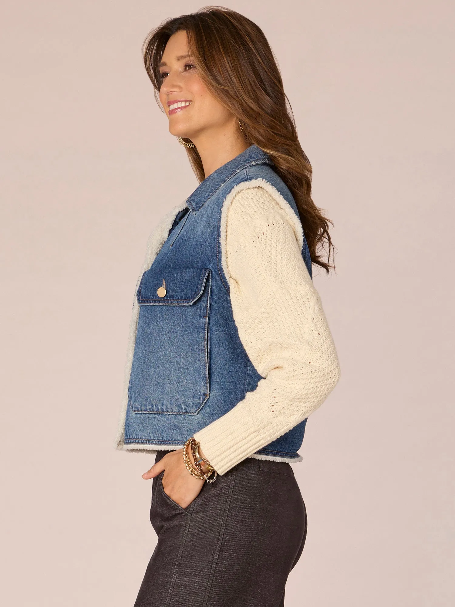 Sleeveless Button Front Sherpa Lined Vest with Oversized Pockets