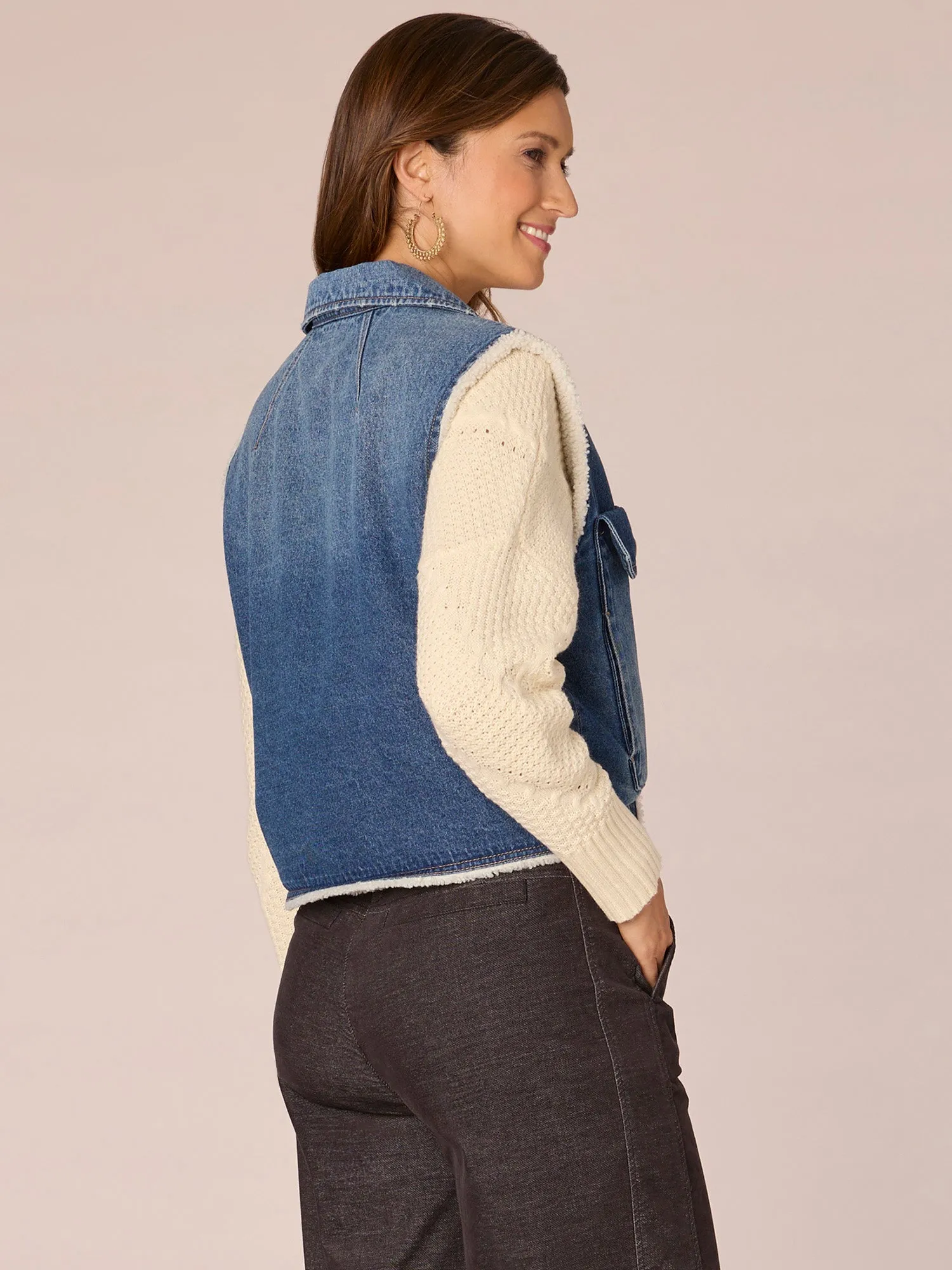 Sleeveless Button Front Sherpa Lined Vest with Oversized Pockets