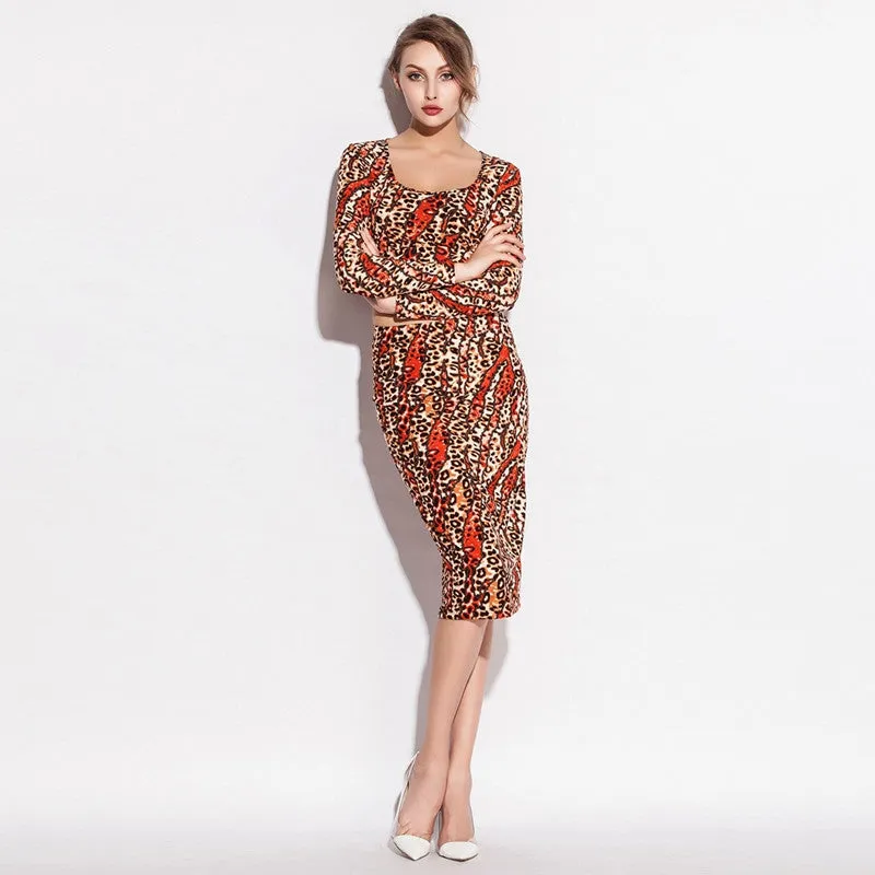 Slim Fit Leopard Print Stretch Cotton Women Tight Dresses