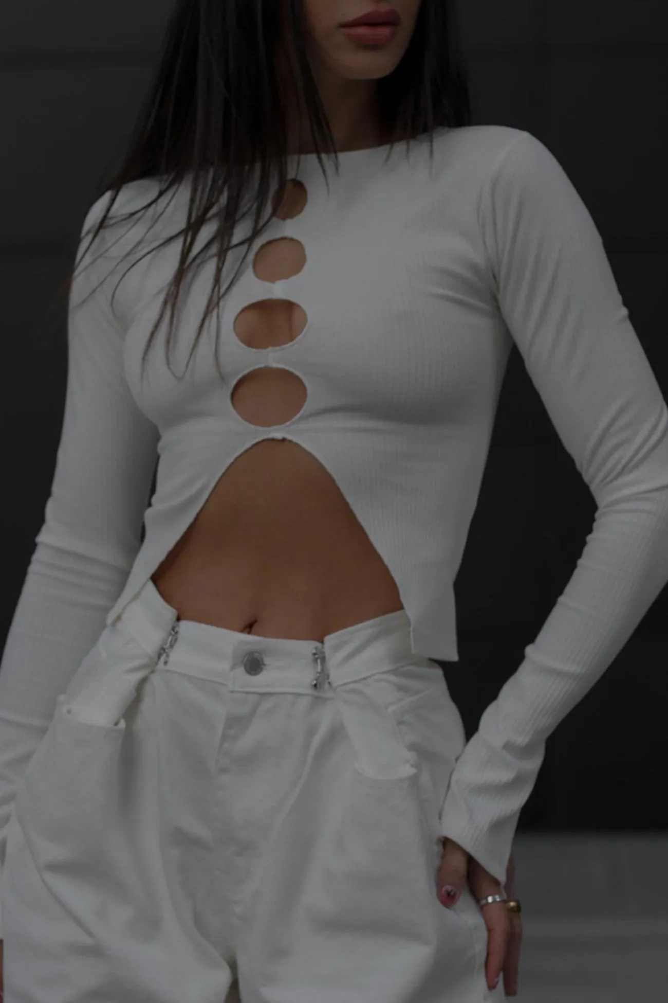 Solid Color Hollow Out Ribbed Knit Tops
