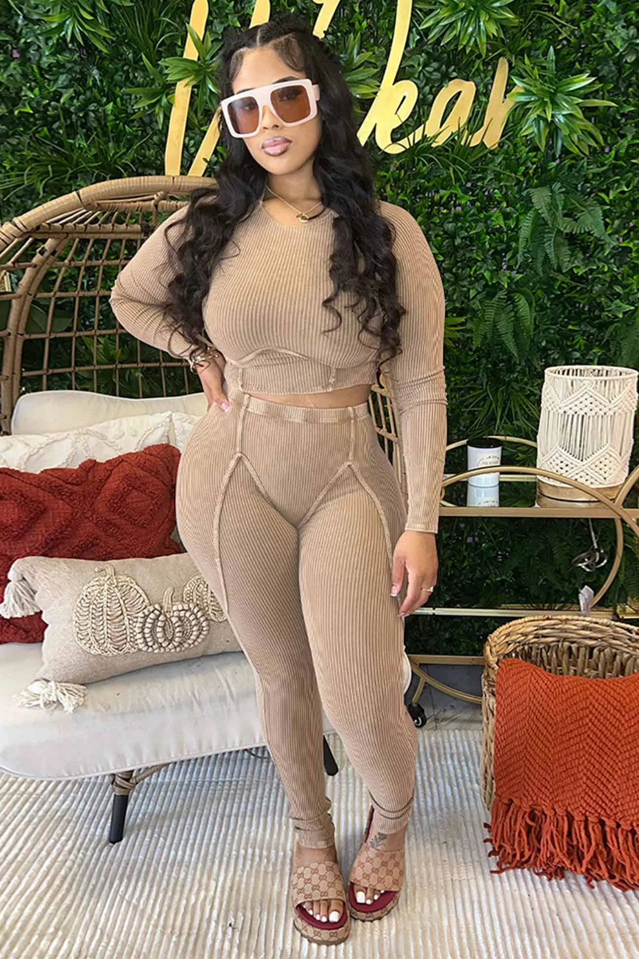 Solid Ribbed Knit Two-piece Pants Set