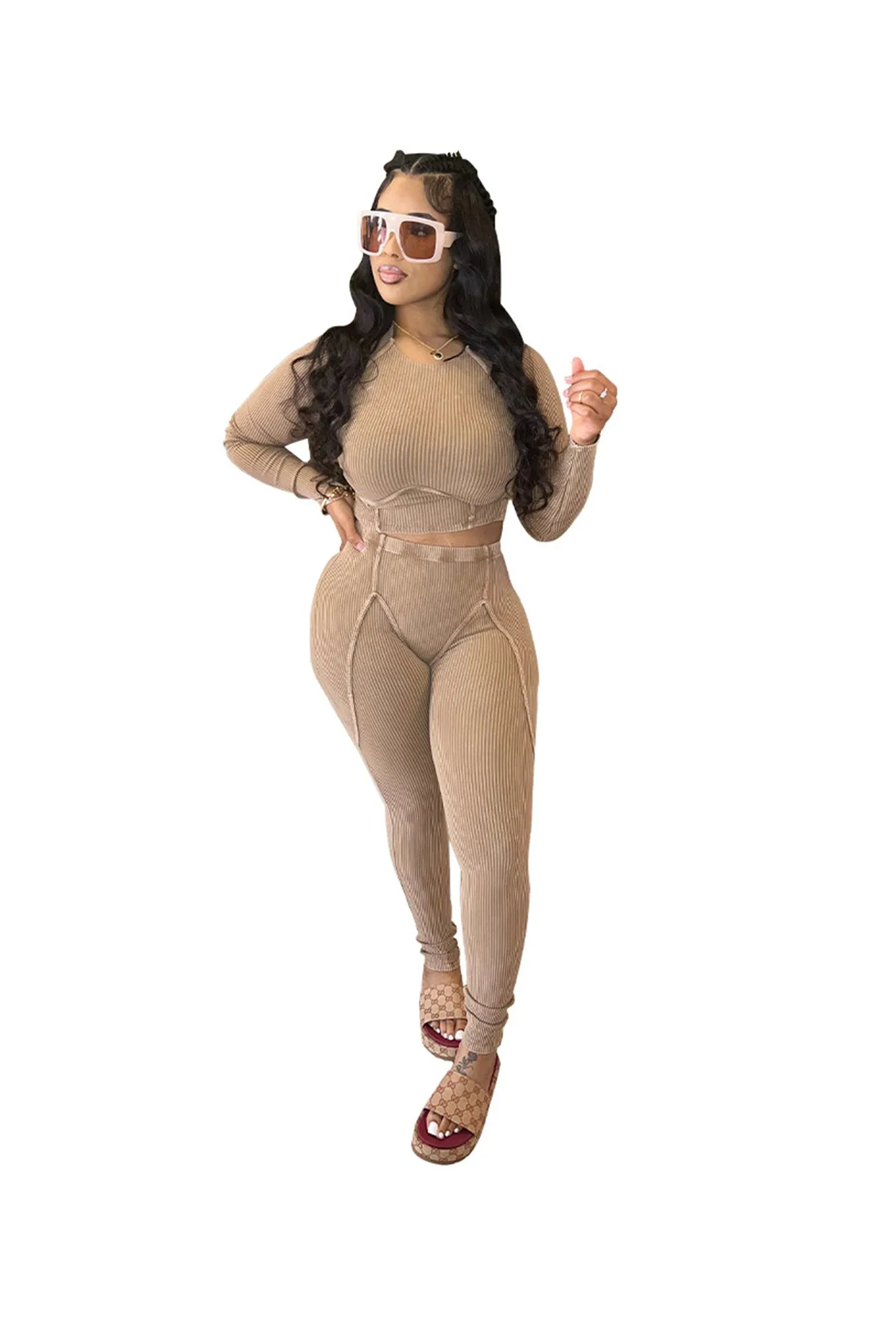 Solid Ribbed Knit Two-piece Pants Set