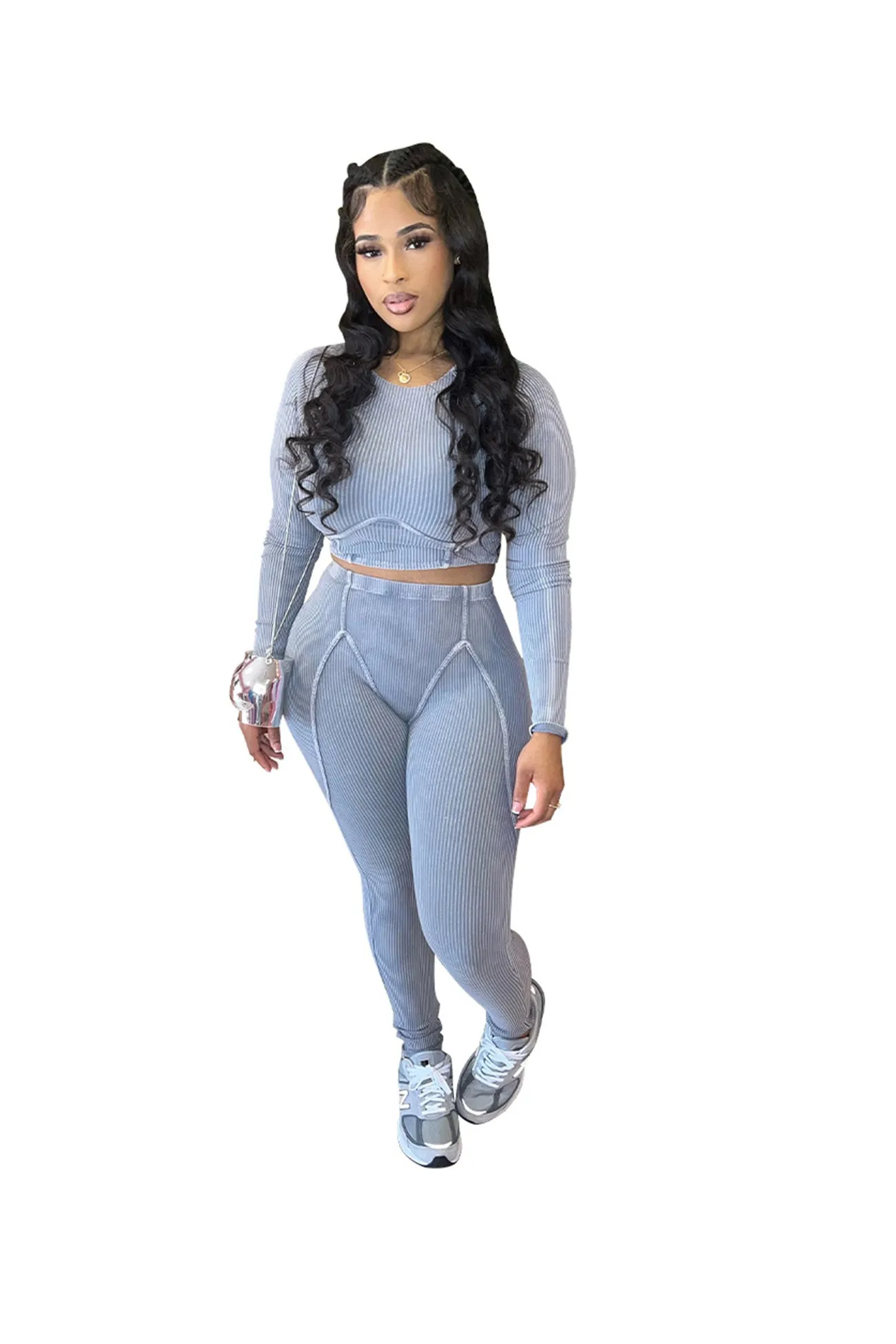 Solid Ribbed Knit Two-piece Pants Set