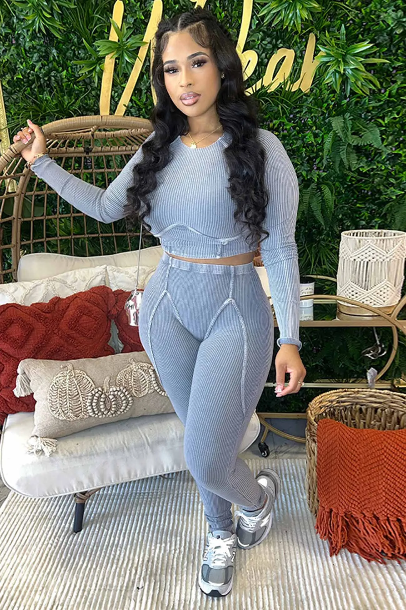 Solid Ribbed Knit Two-piece Pants Set