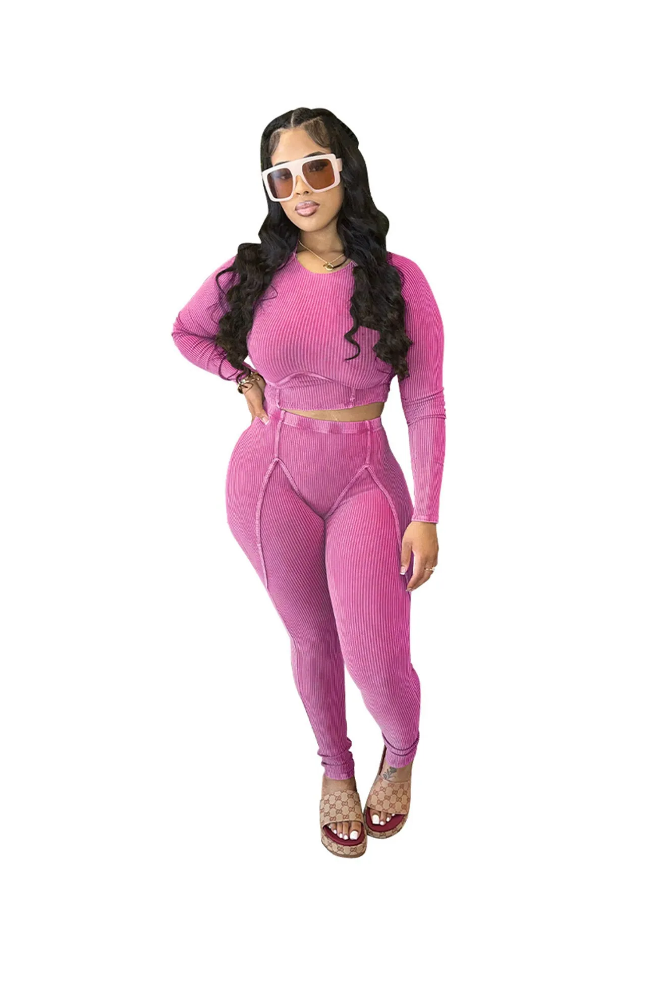 Solid Ribbed Knit Two-piece Pants Set
