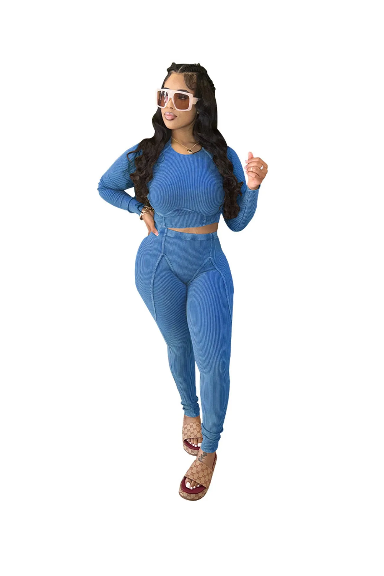 Solid Ribbed Knit Two-piece Pants Set