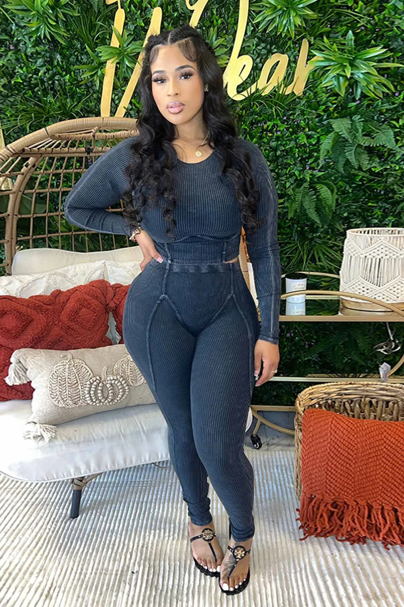 Solid Ribbed Knit Two-piece Pants Set