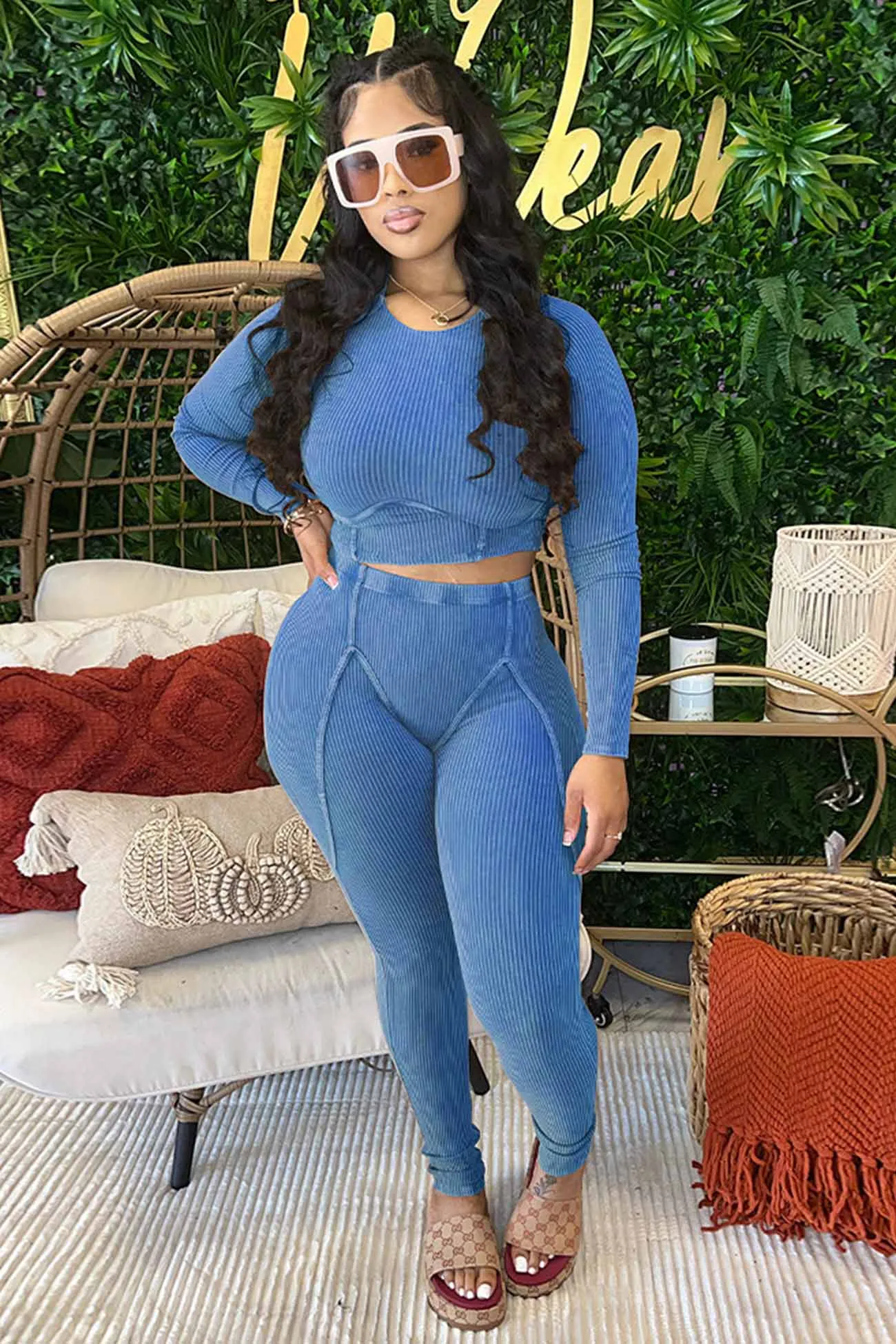 Solid Ribbed Knit Two-piece Pants Set