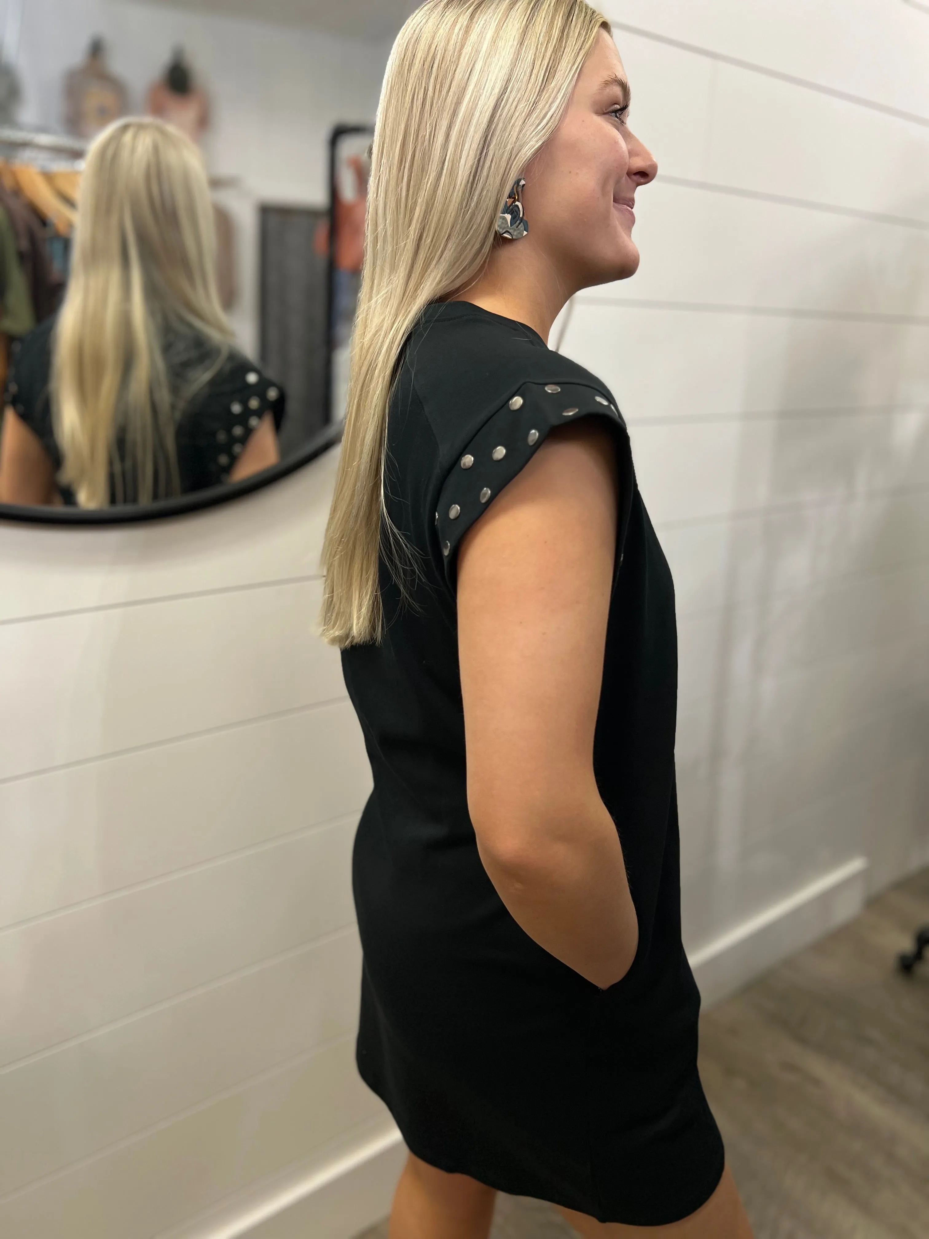 Solid Short Sleeve Dress With Studded Detail