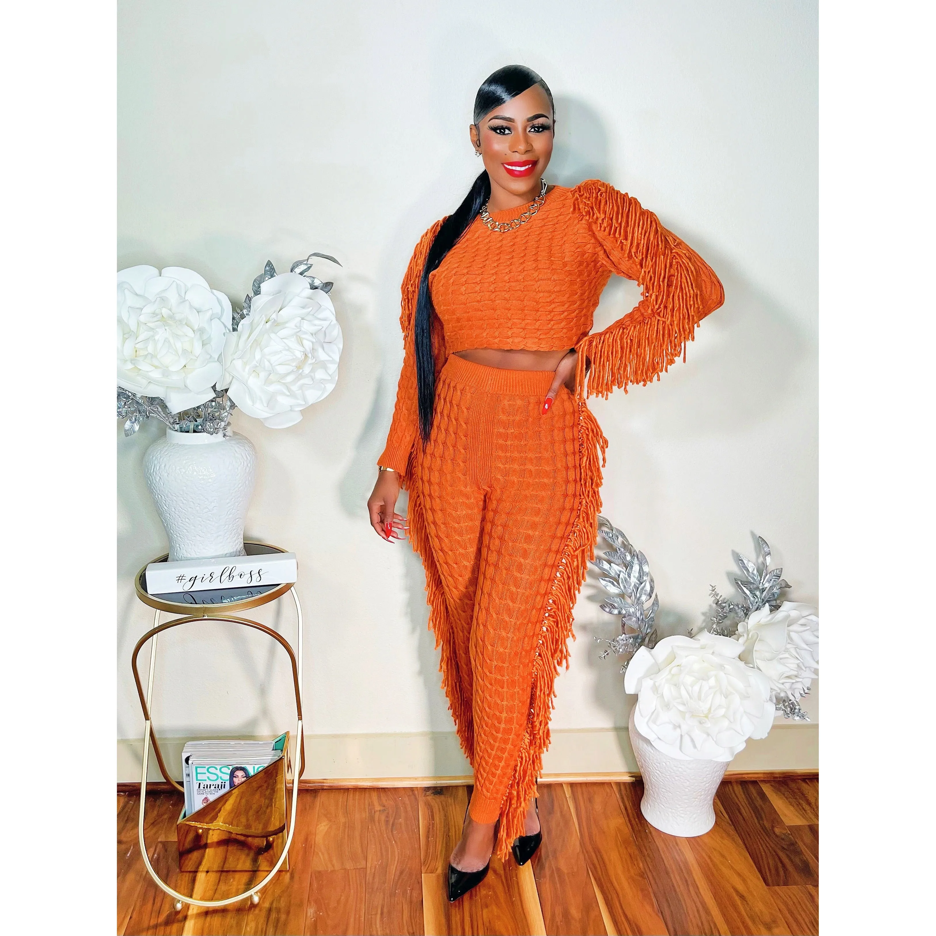 TESSEL ME KNIT PANTS SET (RUST)