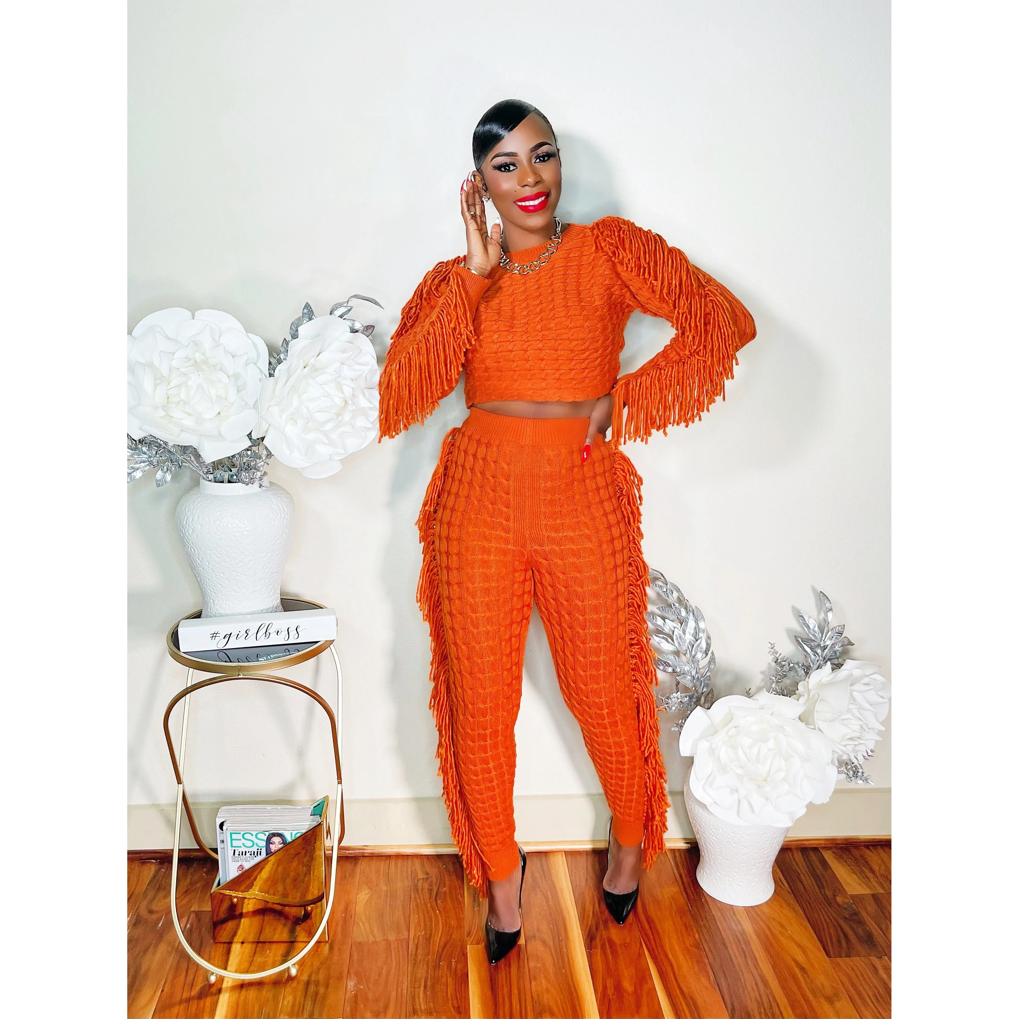 TESSEL ME KNIT PANTS SET (RUST)