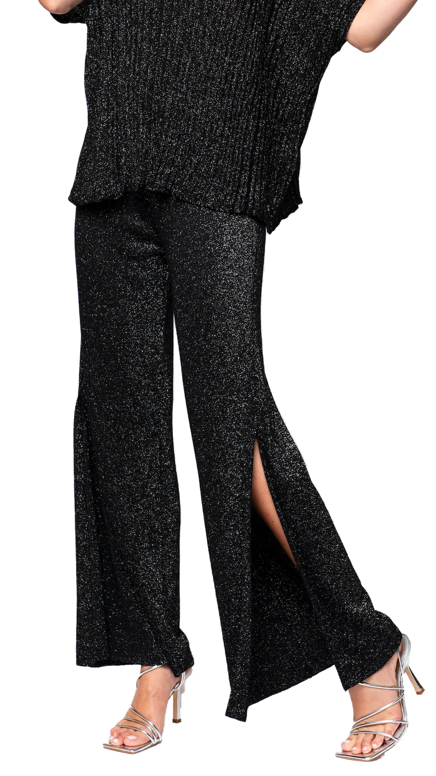 Thalia Wide Leg Shimmery Pant with a Slit; Black Shimmer