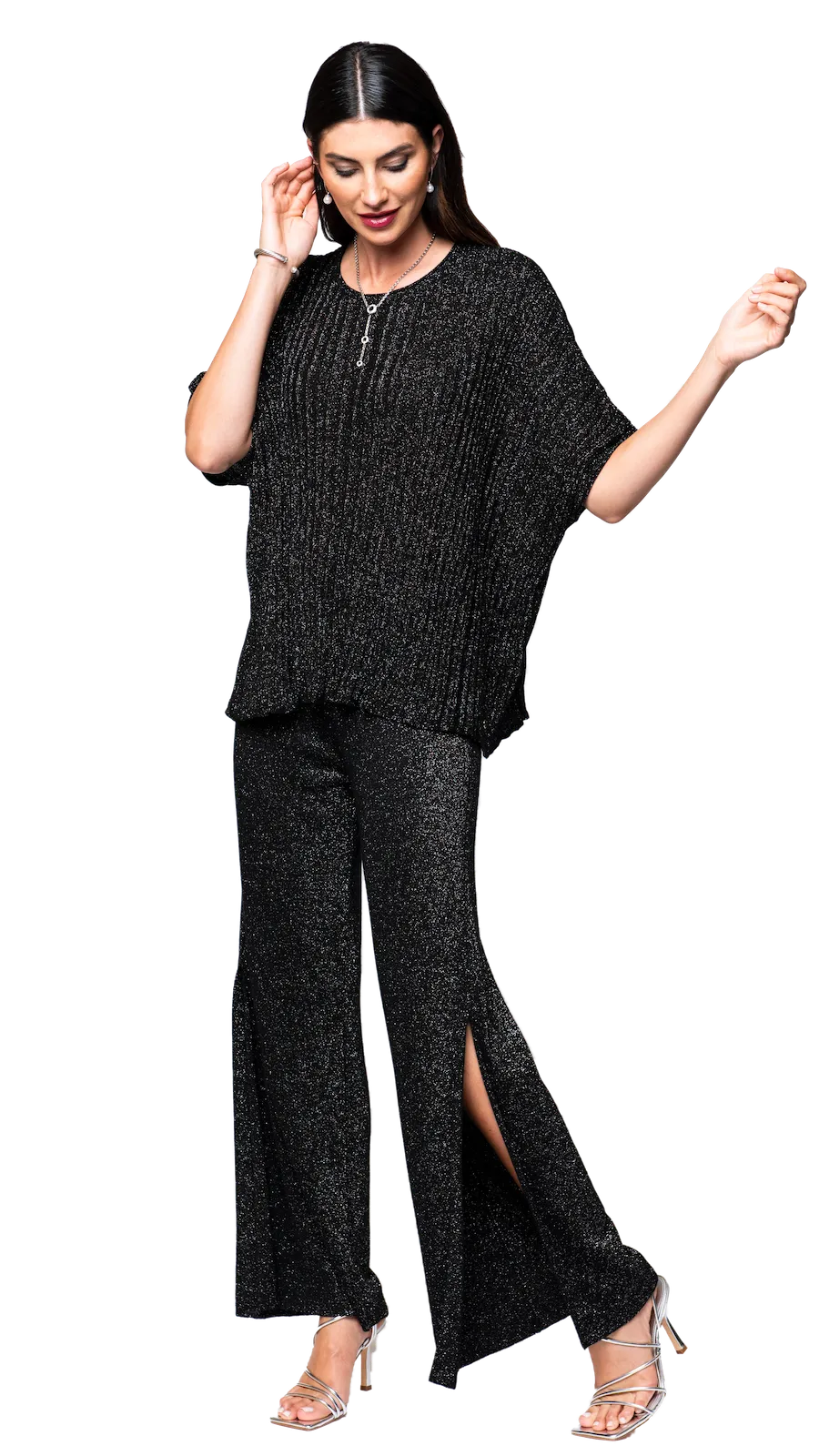 Thalia Wide Leg Shimmery Pant with a Slit; Black Shimmer