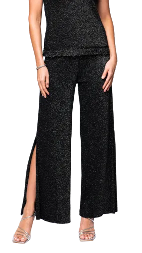 Thalia Wide Leg Shimmery Pant with a Slit; Black Shimmer