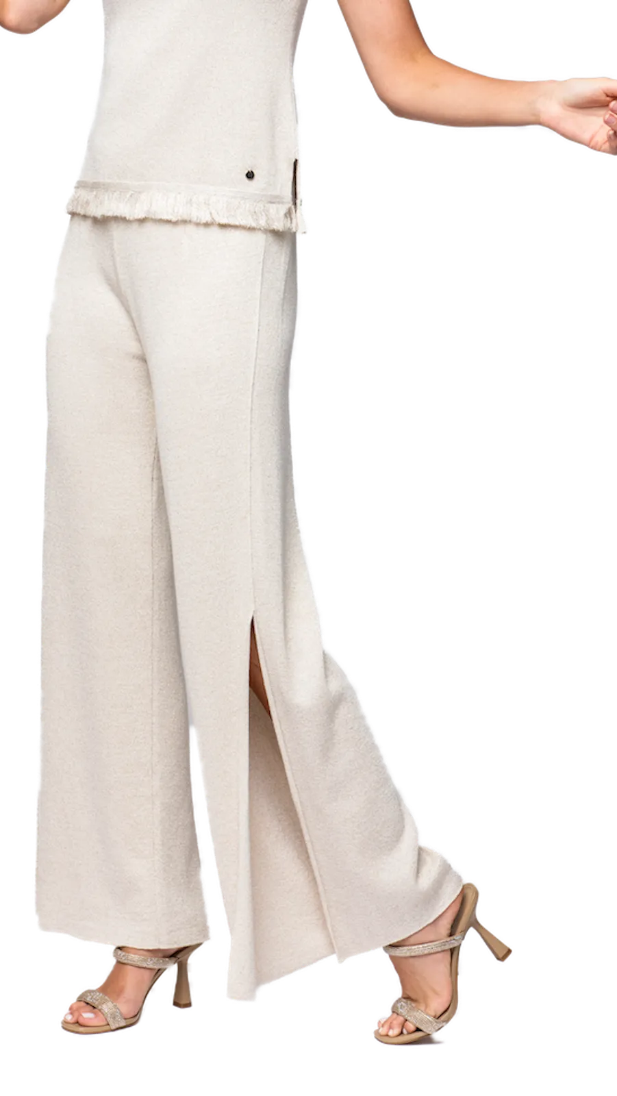 Thalia Wide Leg Shimmery Pant with a Slit; Gold Ecru
