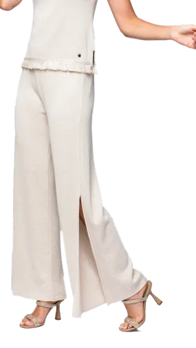Thalia Wide Leg Shimmery Pant with a Slit; Gold Ecru