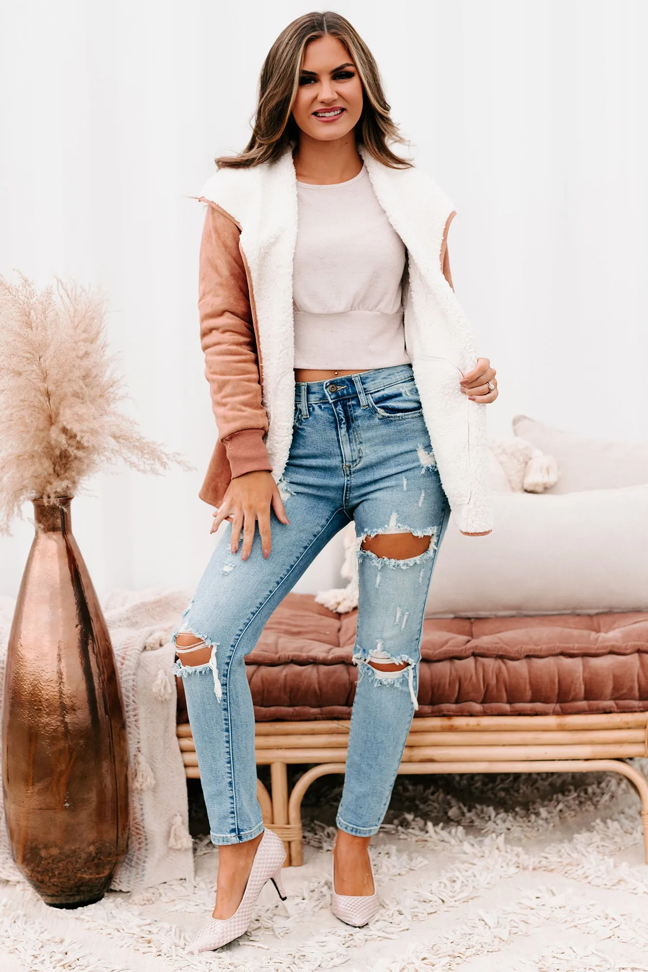 The Cozy Condition Faux Suede Sherpa Lined Coat (Terracotta)