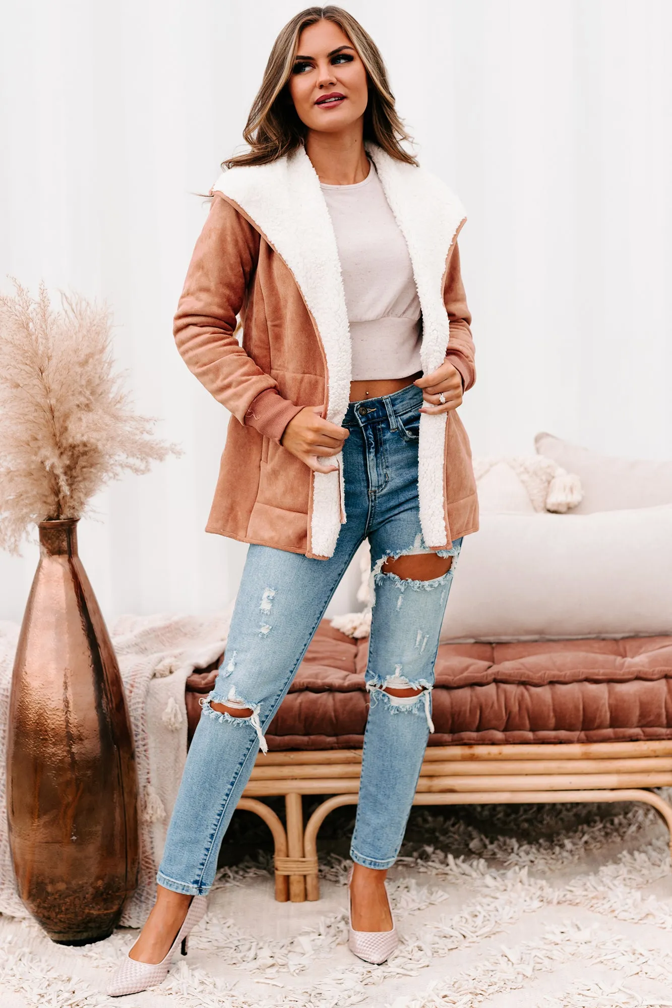 The Cozy Condition Faux Suede Sherpa Lined Coat (Terracotta)